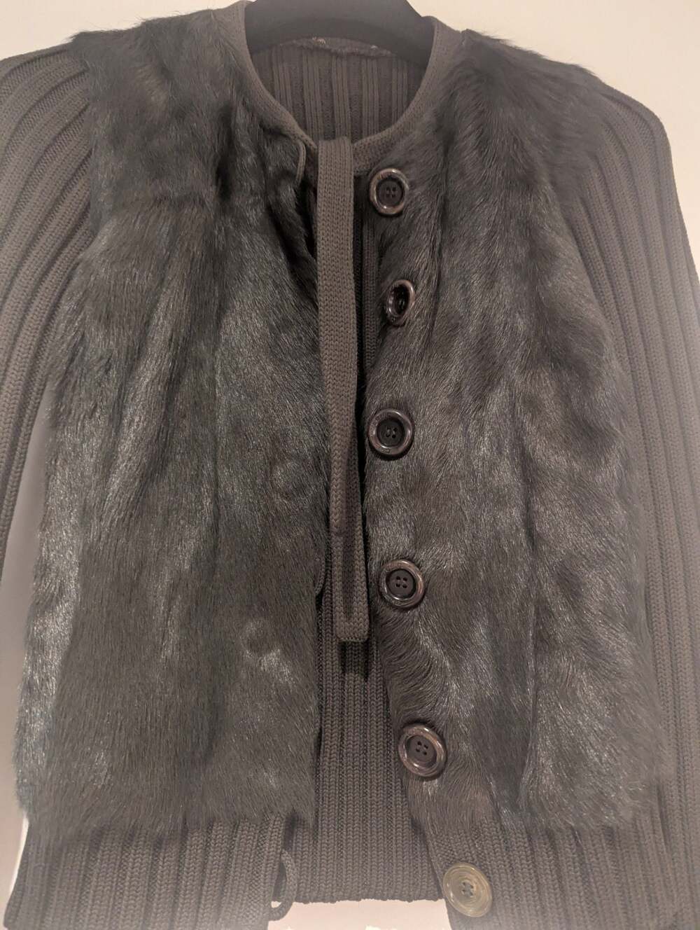 Cheap and Chic Moschino Wool Ribbed Cardigan with Mouton Fur Front Panel